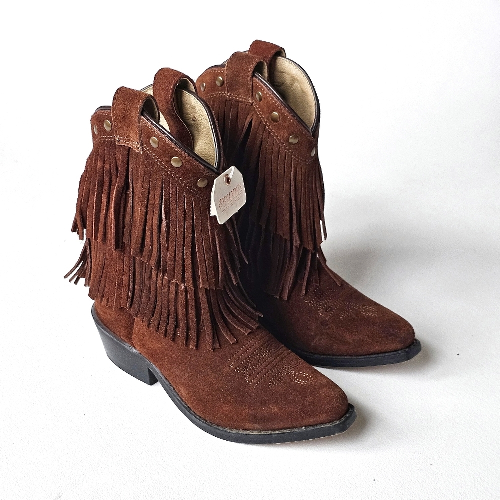 Shyanne Girls Fringe Western Boots Youth 12D Cognac Suede Studded Cowgirl Rodeo